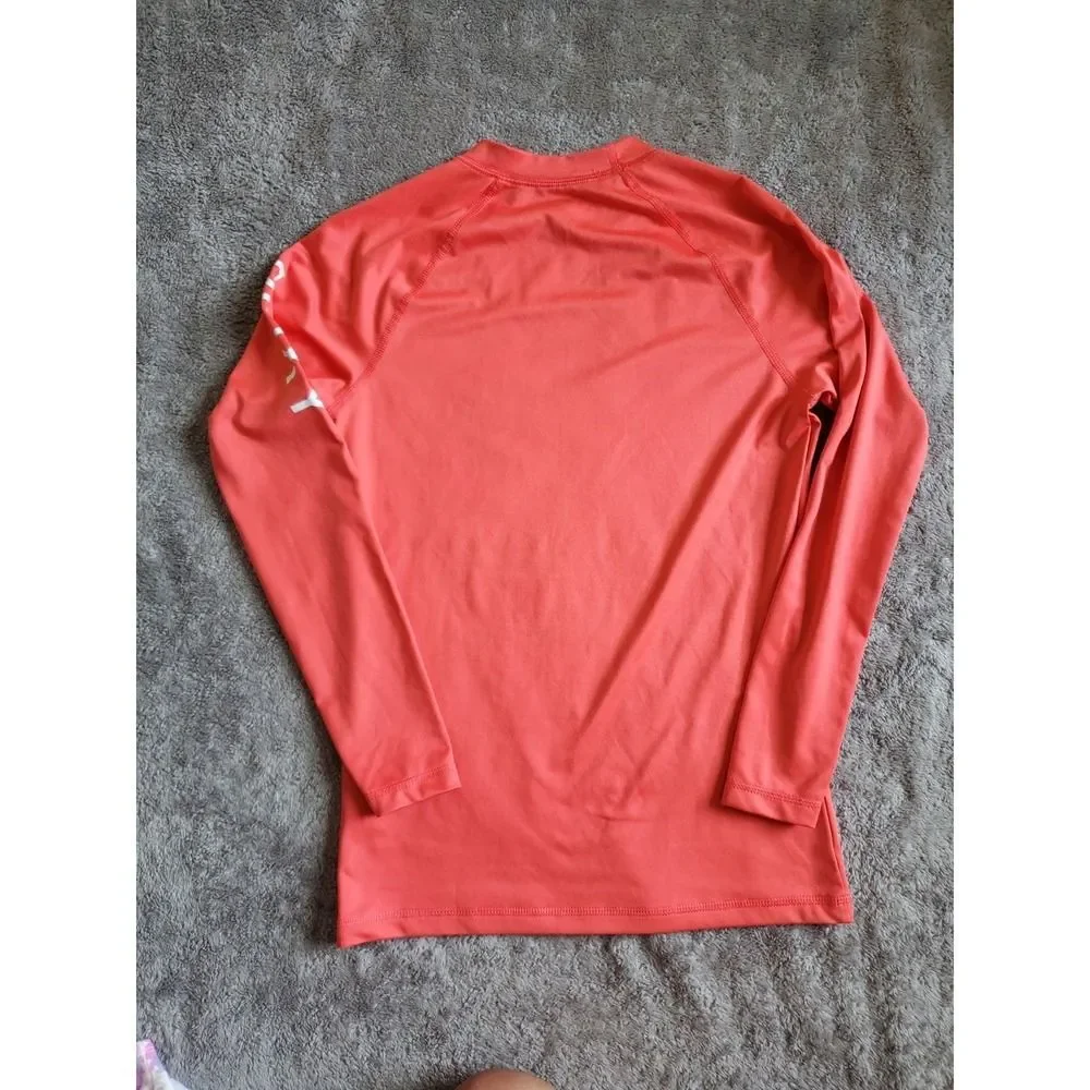 ROXY Long Sleeve Rash Guard Shirt Swim Surf.  Pink White Text Logo Size Girls M